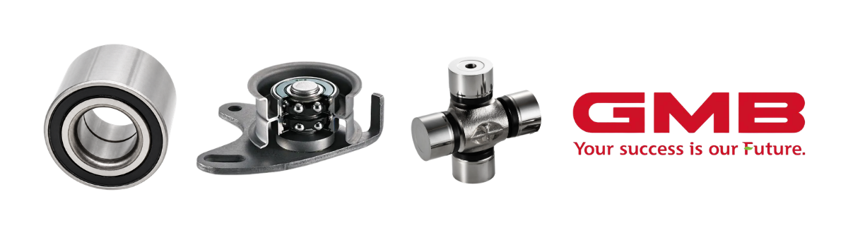 GMB double-row wheel bearing, timing belt tensioner pulley shown in cutaway, and universal joint spider, alongside the red GMB logo with the tagline Your success is our Future